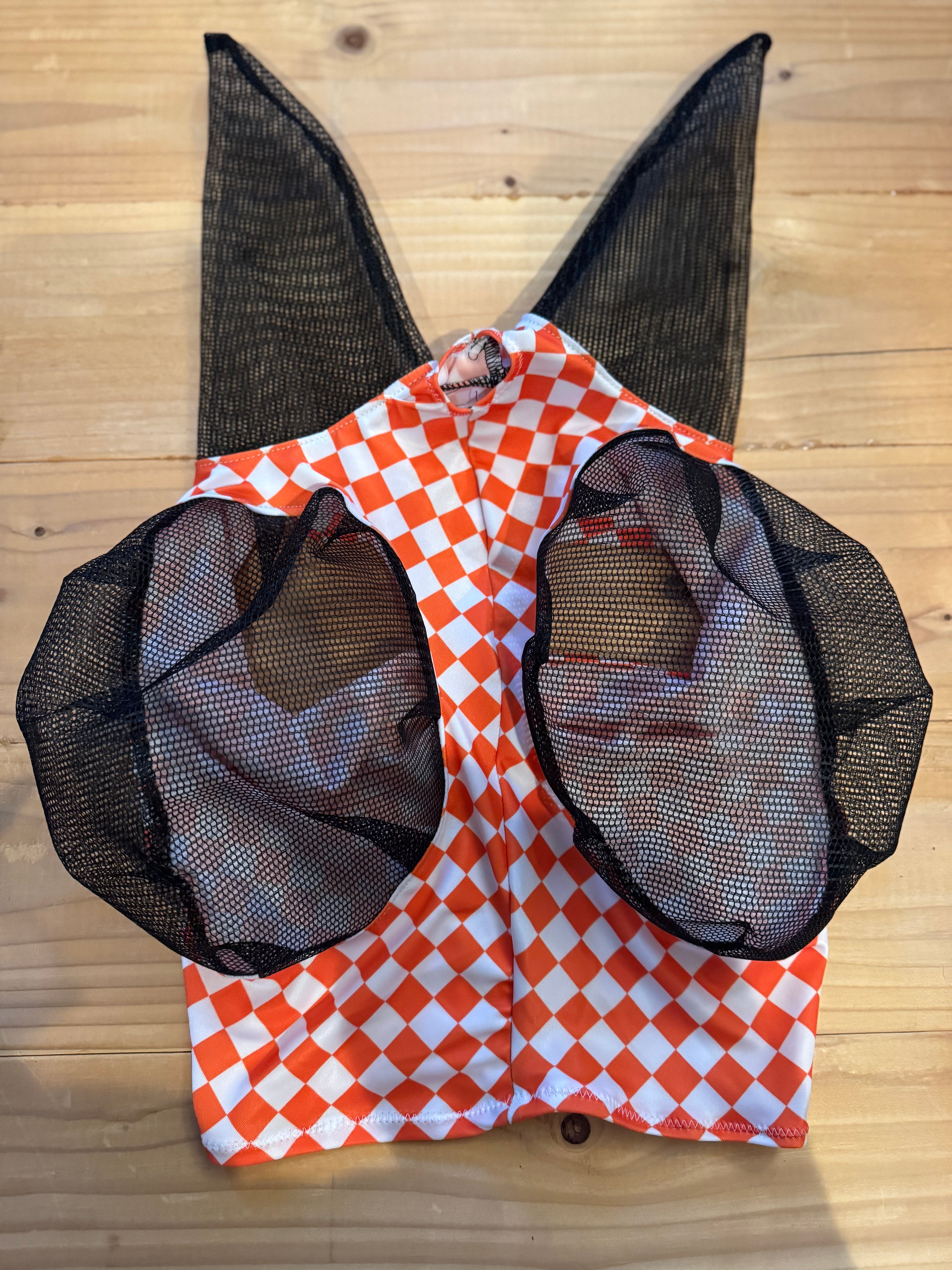 Checkers Fly Orange/white checker fly mask – Hoof Track Designs