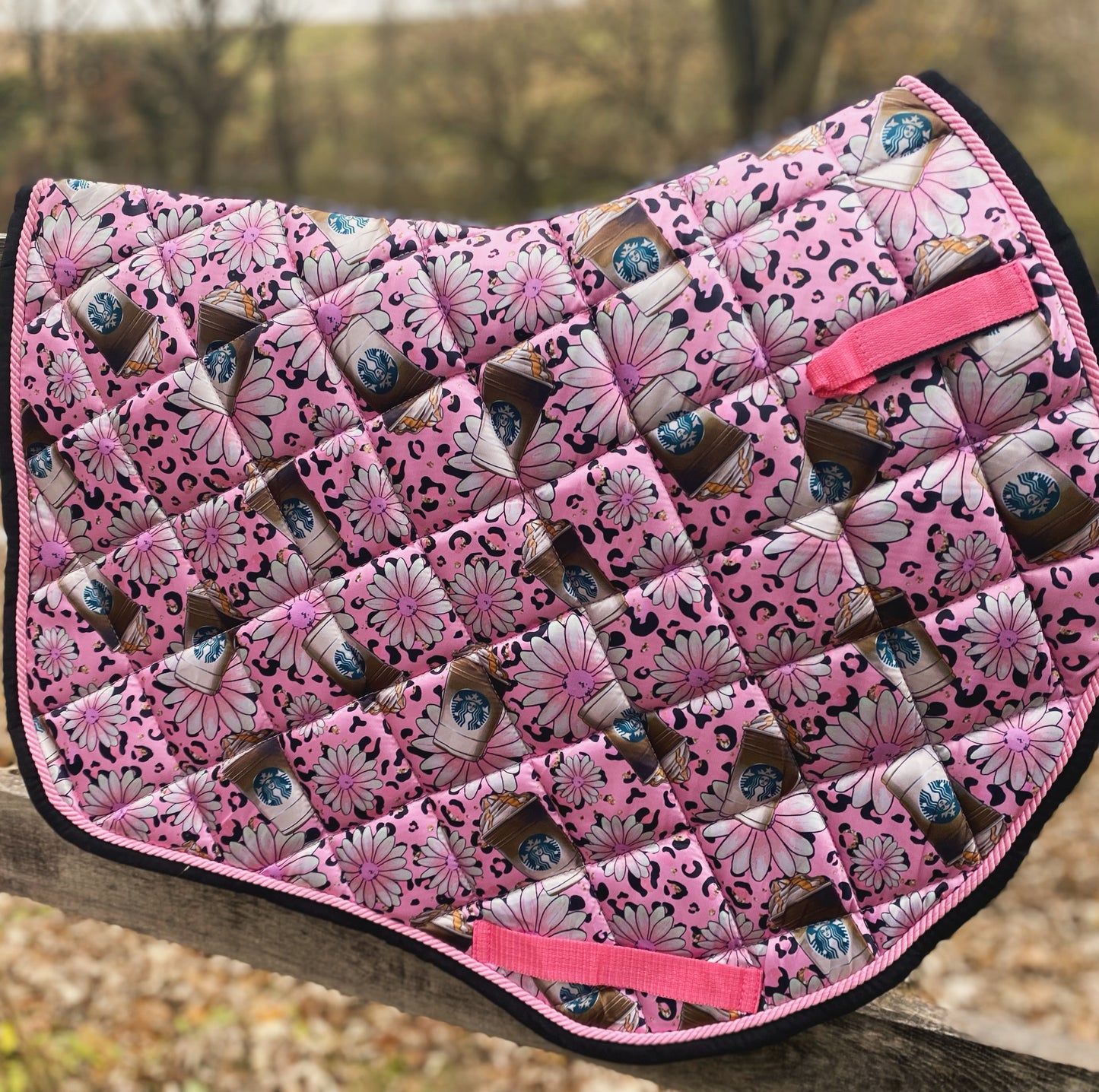 Pink cheetah Starbucks jump cut pad (available in dressage cut)