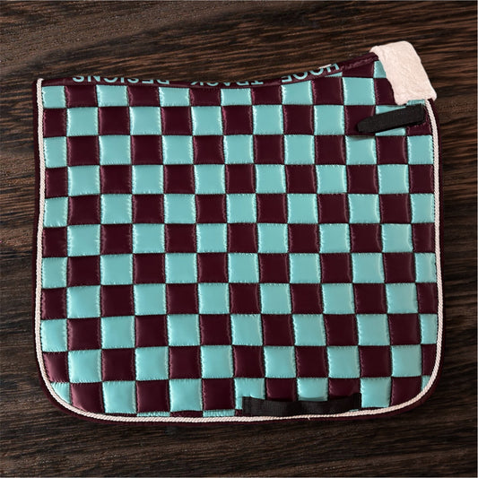 Burgundy/blue checker dressage saddle pad