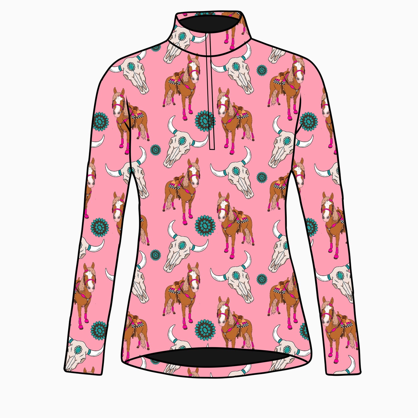 PREORDER turquoise barrel horse long sleeve quarter zip
