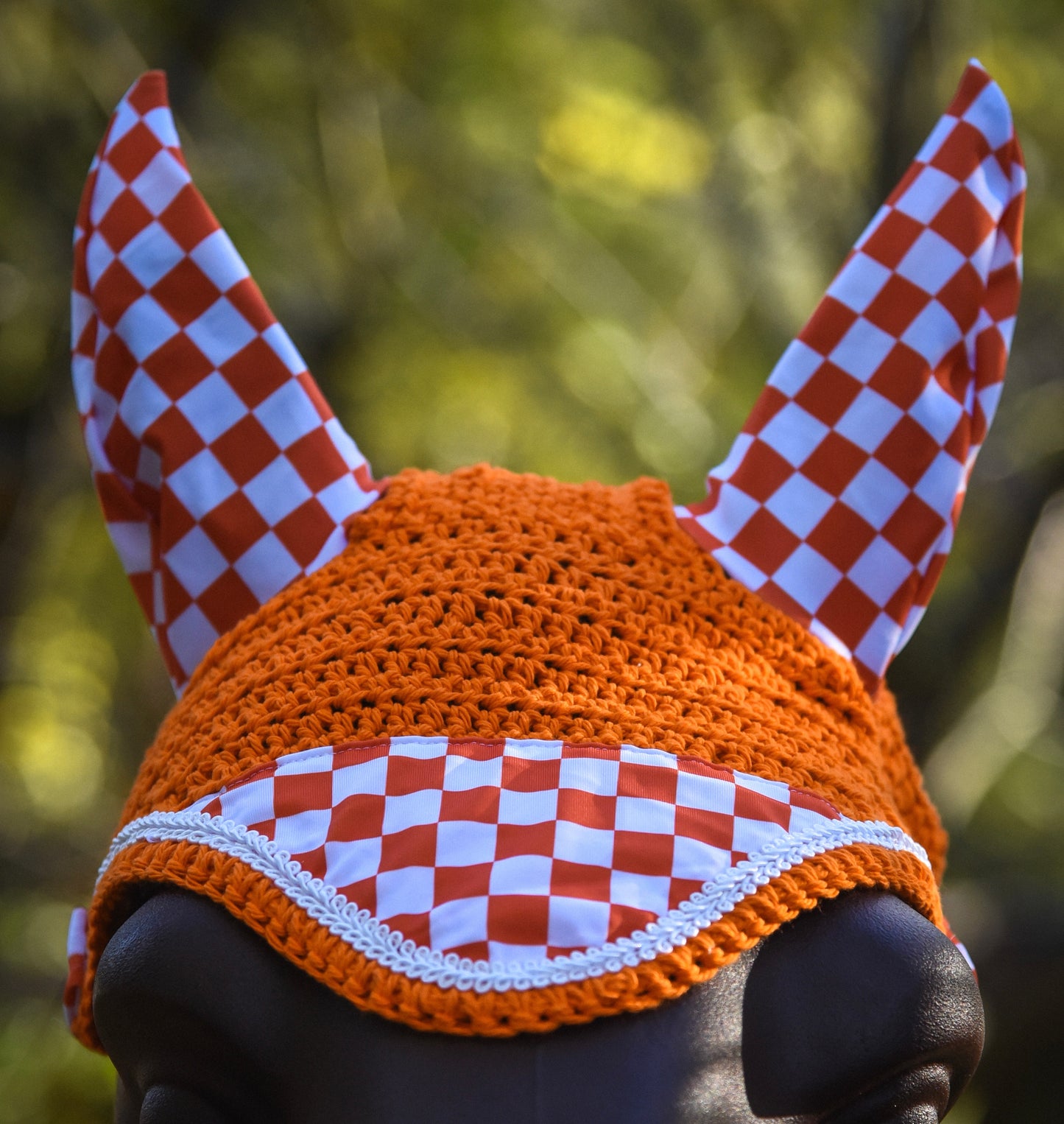 Orange/white checker fly bonnet