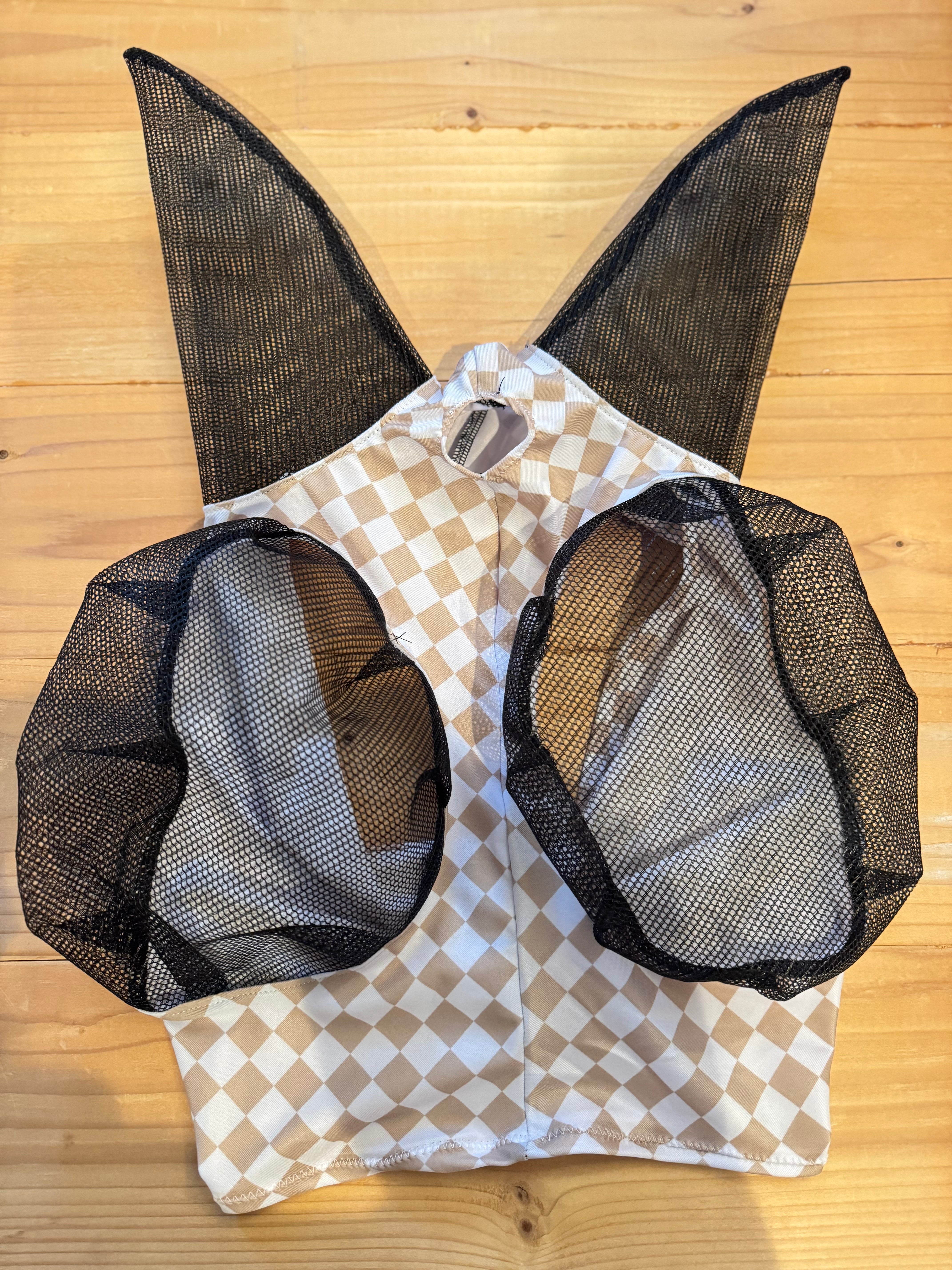 Checkers Fly Tan/white checker fly mask – Hoof Track Designs