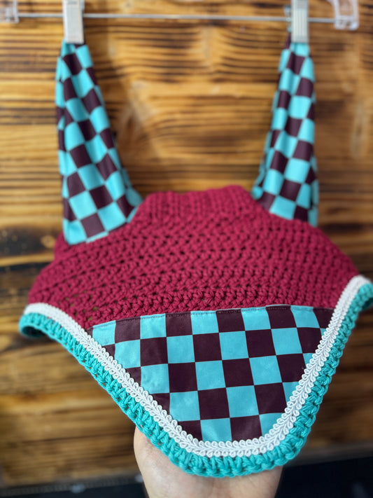 Burgundy and turquoise checker bonnet