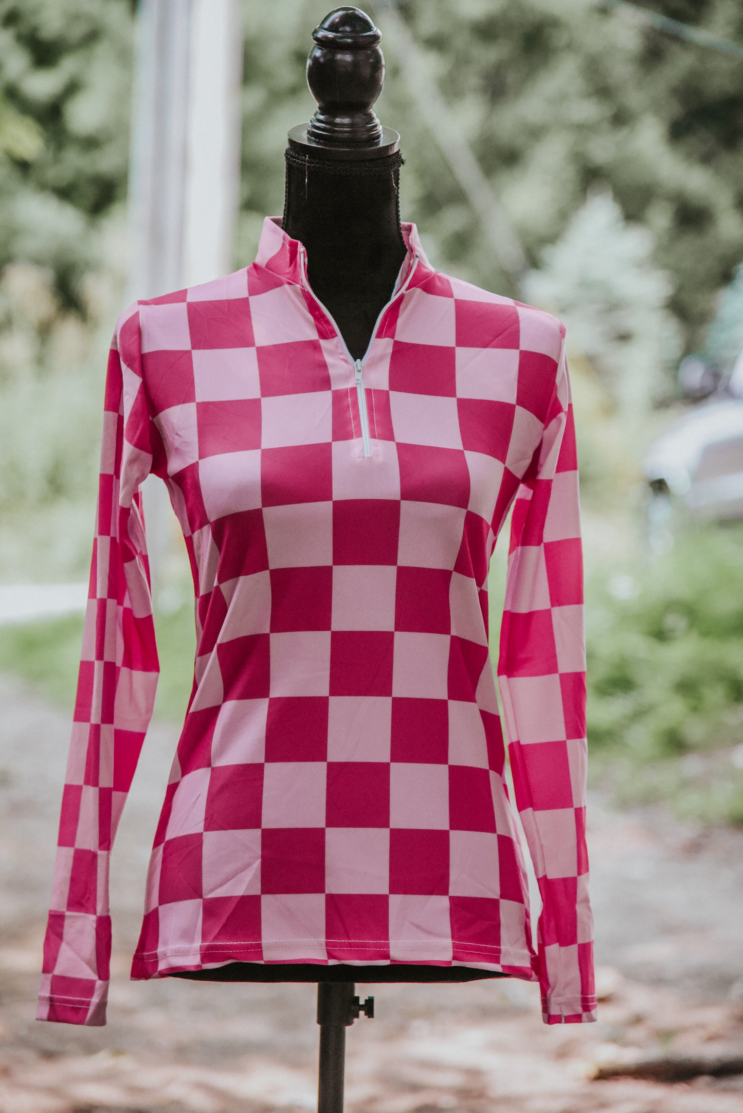 pink/pink checker long sleeve quarter zip